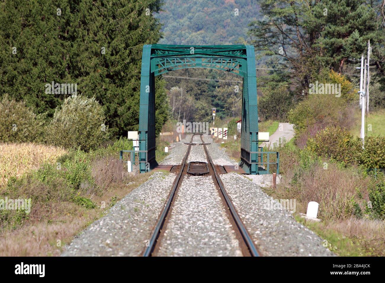 Petite construction de pont ferroviaire en métal vert foncé s'élevant au-dessus des voies ferrées et des fondations de gravier entourées d'une végétation forestière dense et d'arbres Banque D'Images