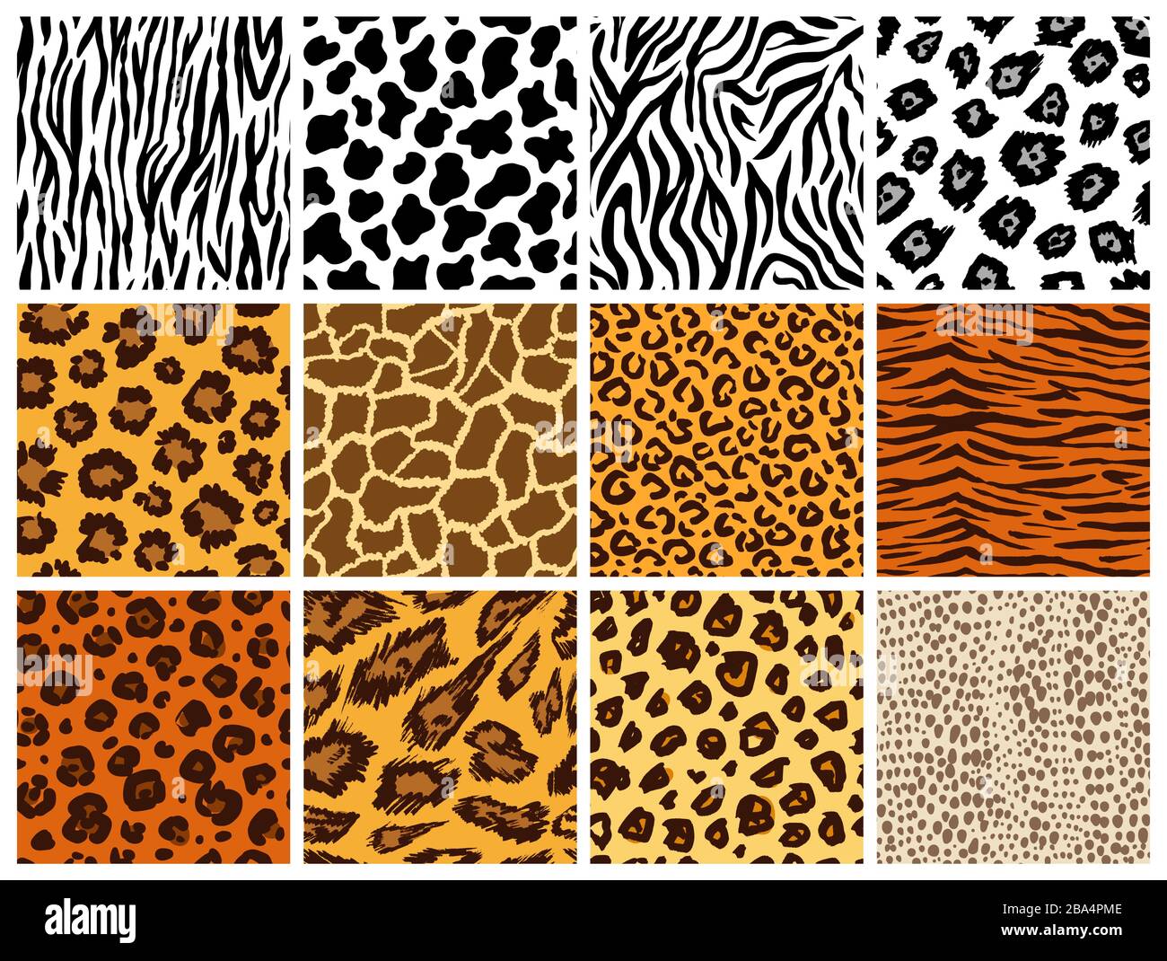 Ensemble de motifs animal sans coutures. Mammifères fourrure. Collection de peaux imprimées. Prédateurs Camouflage. Cheetah Giraffe Zebra Leopard Holstein bétail Snake Jaguar Illustration de Vecteur