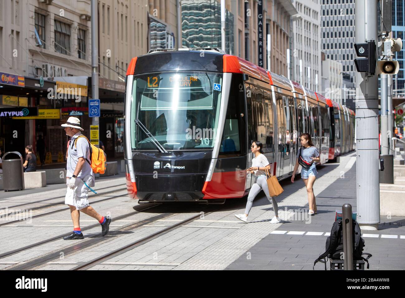 Trains légers en train de Sydney longeant la rue george dans le centre-ville de Sydney, Nouvelle-Galles du Sud, Australie Banque D'Images