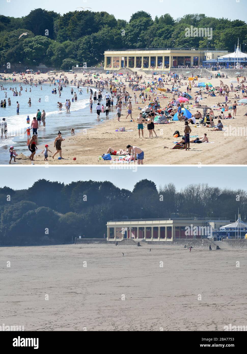 Photos composites de personnes sur la plage de Barry Island, Pays de Galles du Sud, le 19/06/17 (haut), et le mercredi 25/03/20 (bas), après que le premier ministre Boris Johnson a mis le Royaume-Uni en position de verrouillage pour aider à freiner la propagation du coronavirus. Banque D'Images