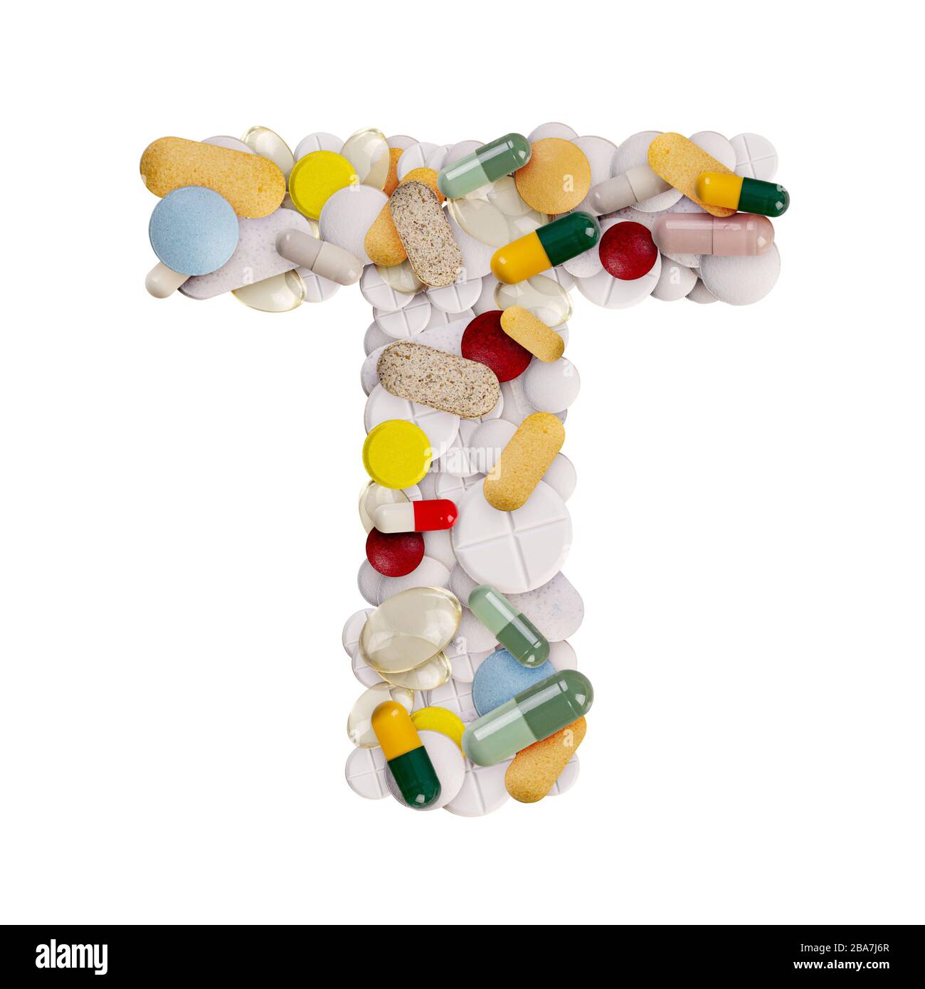 Lettre T majuscule faite de divers pilules colorées, capsules et comprimés sur fond blanc isolé Banque D'Images
