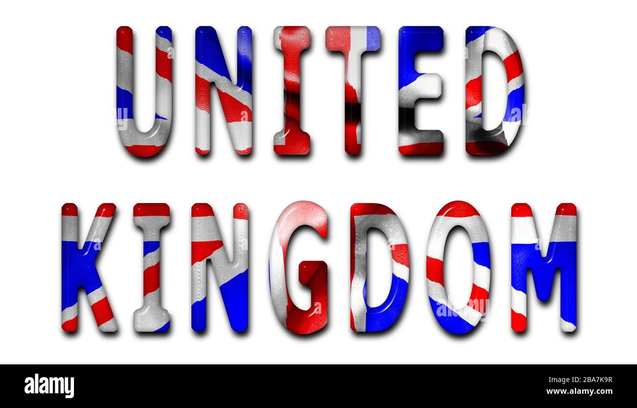 Mot Royaume-Uni avec une texture de drapeau biseautée sur un fond blanc isolé avec un chemin d'écrêtage avec et sans ombres Banque D'Images