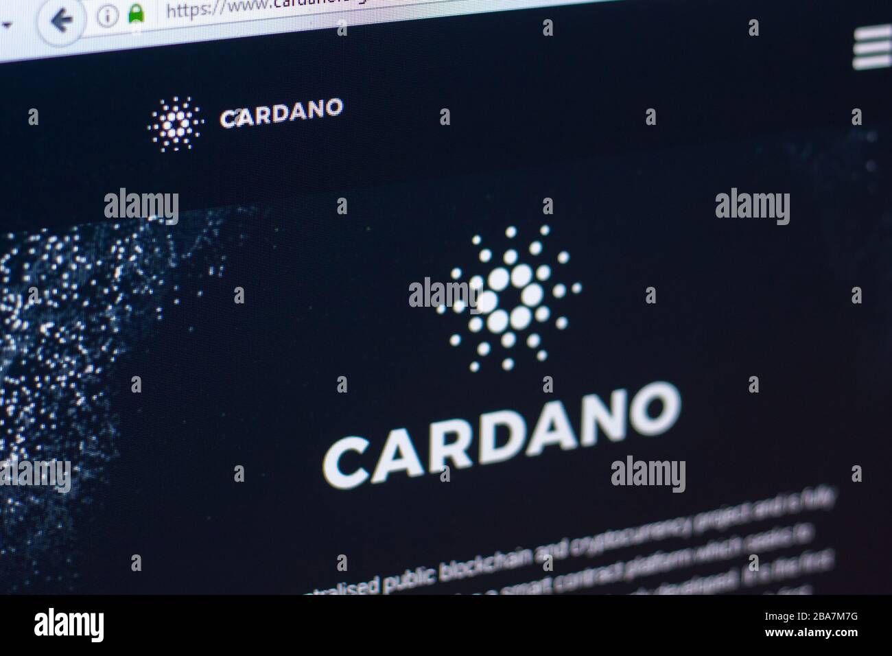 Ryazan, Russie - 29 mars 2018 - Page d'accueil de la crypto-monnaie Cardano sur l'affichage de PC, adresse web - cardano.org Banque D'Images