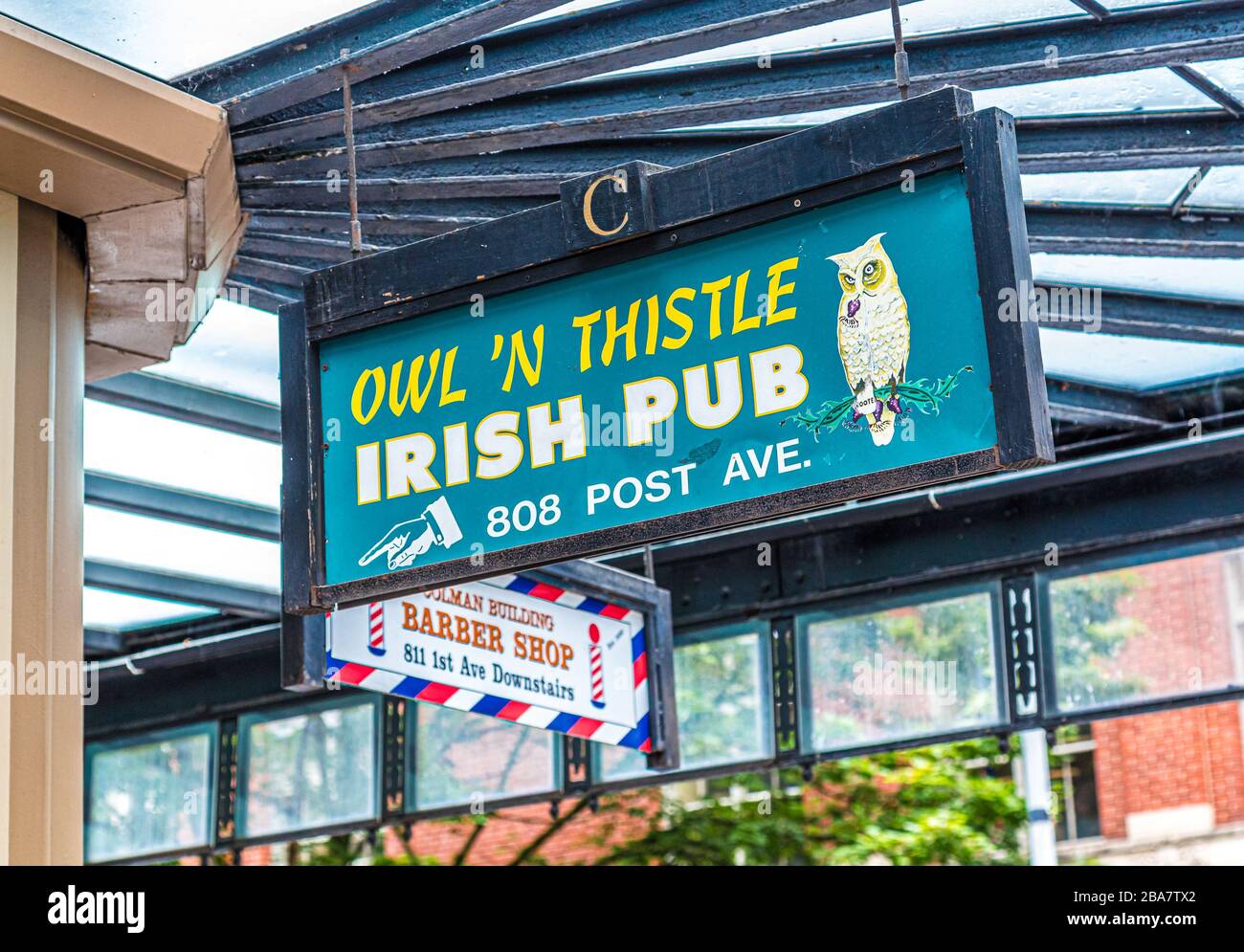 Owl N Thistle Irish Pub Sign Banque D'Images