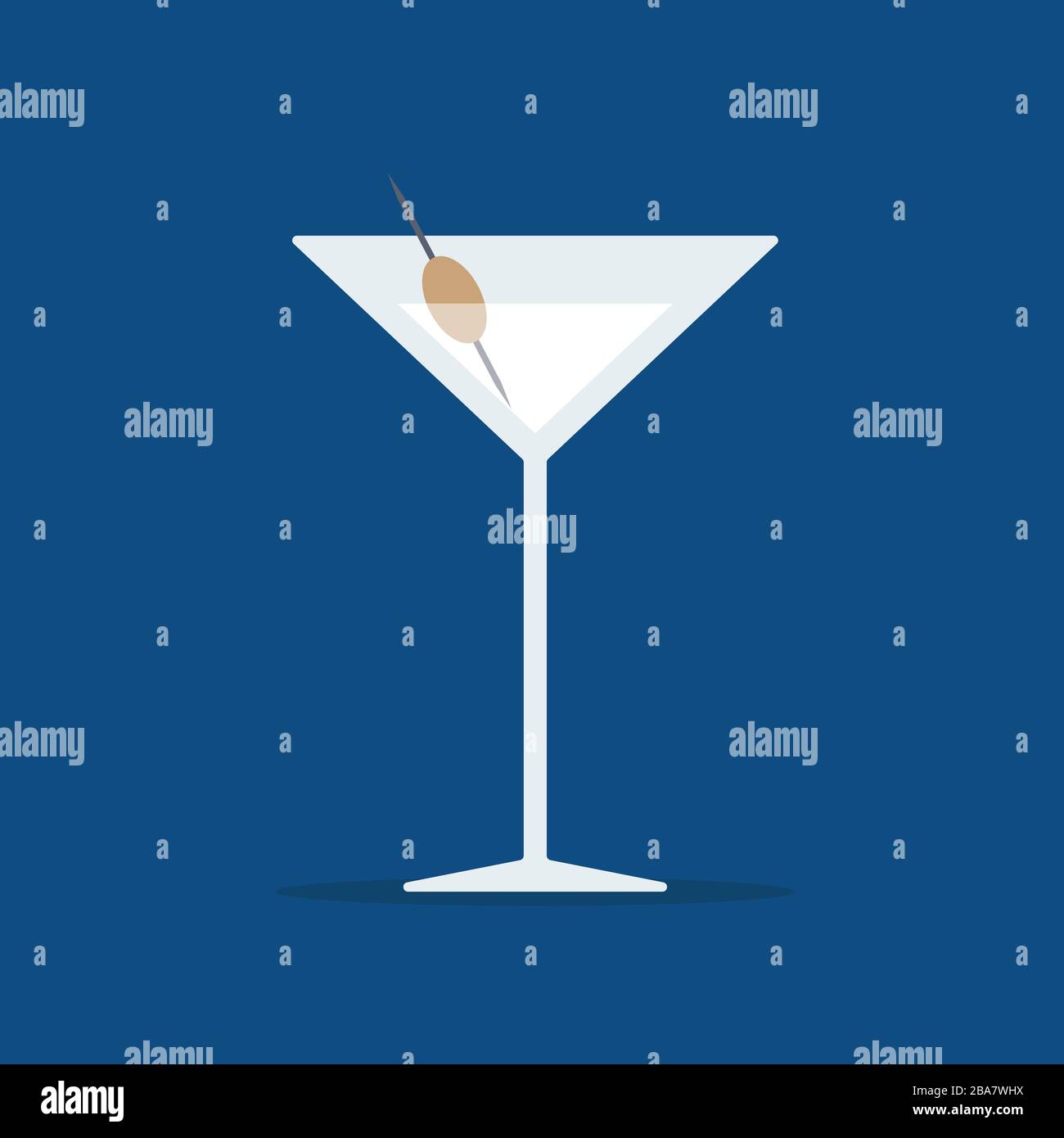 Verre cocktail martini plat avec olive isolé sur fond bleu classique. Illustration des boissons alcoolisées dans le verre. Icône de modèle vectoriel Illustration de Vecteur