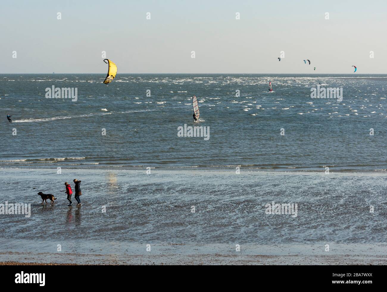 Deux personnes marchent un chien sur l'île Hayling avec le vent et la kite surfersine le fond de la journée avant que le Royaume-Uni n'entre dans le verrouillage du coronavirus Banque D'Images