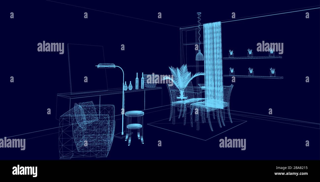 Image filaire de l'intérieur à partir de lignes bleues sur fond sombre. Séjour avec fauteuil, table et fleurs. Afficher la perspective. 3D. Vecteur Illustration de Vecteur