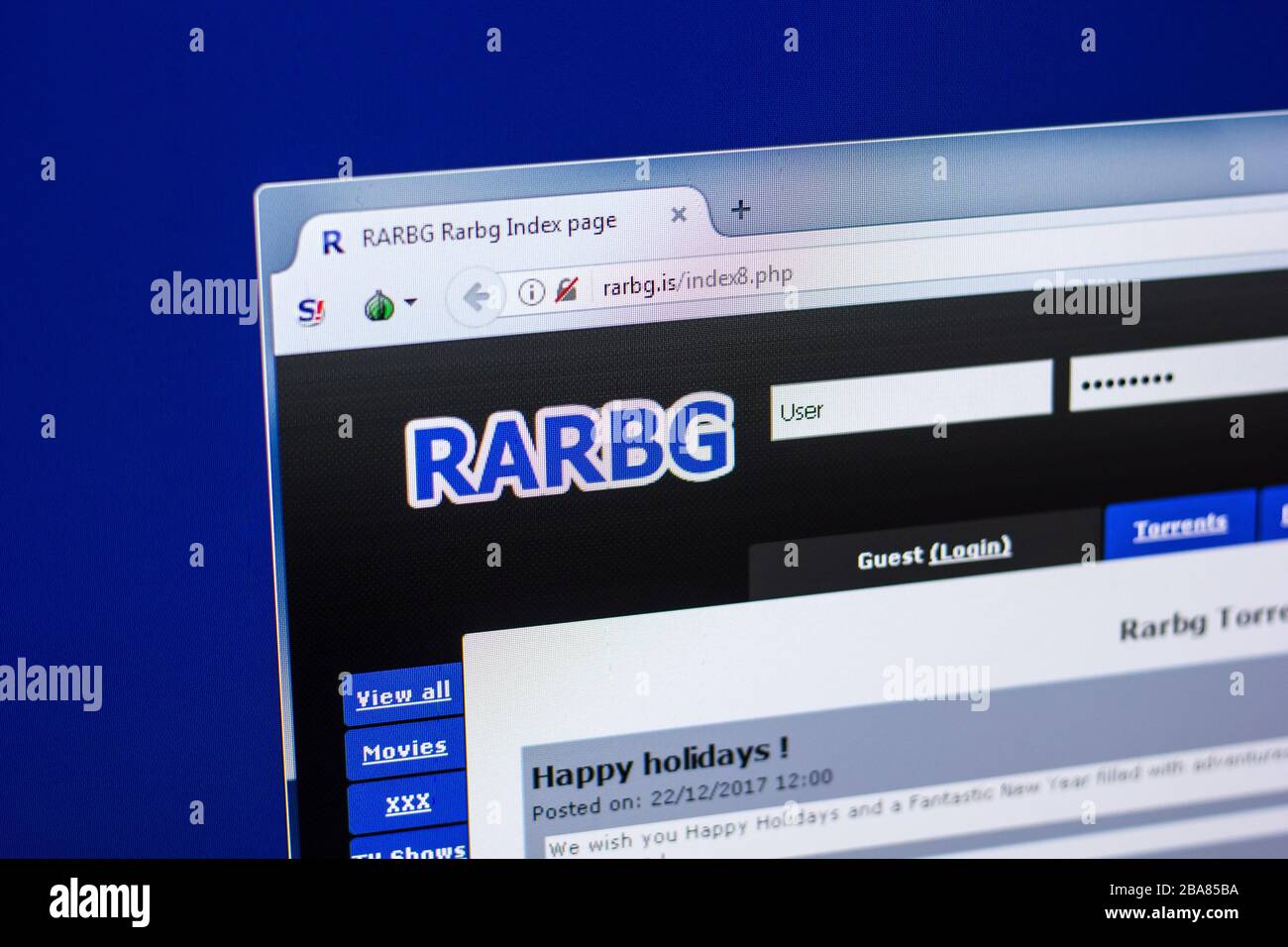 Ryazan, Russie - 29 avril 2018: Page d'accueil du site de Rarbg sur l'affichage de PC, URL - Rarbg.is. Banque D'Images