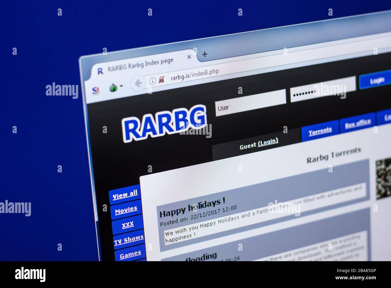 Ryazan, Russie - 29 avril 2018: Page d'accueil du site de Rarbg sur l'affichage de PC, URL - Rarbg.is. Banque D'Images