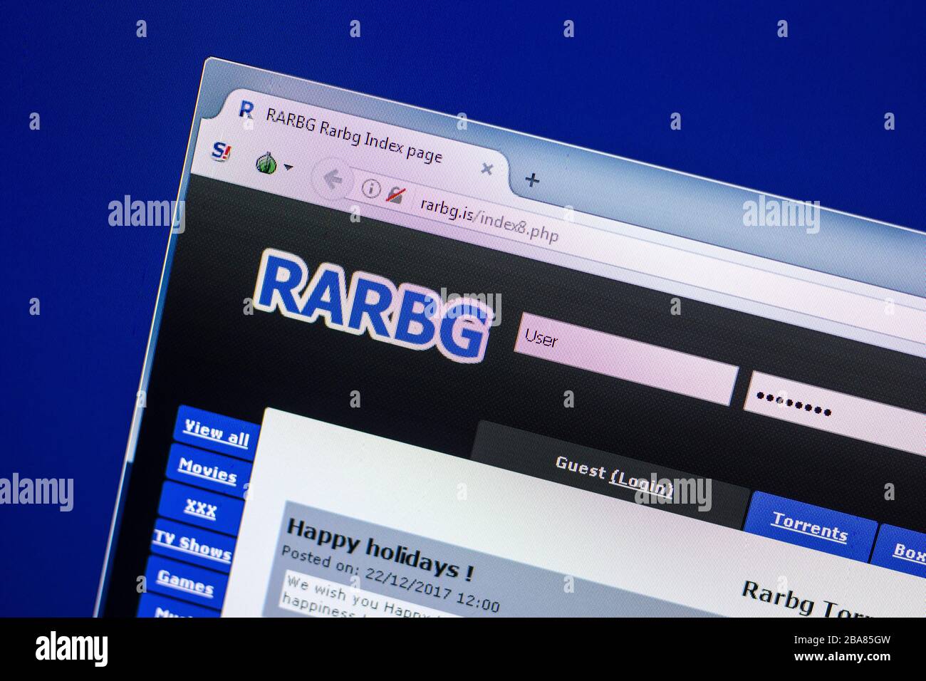 Ryazan, Russie - 29 avril 2018: Page d'accueil du site de Rarbg sur l'affichage de PC, URL - Rarbg.is. Banque D'Images