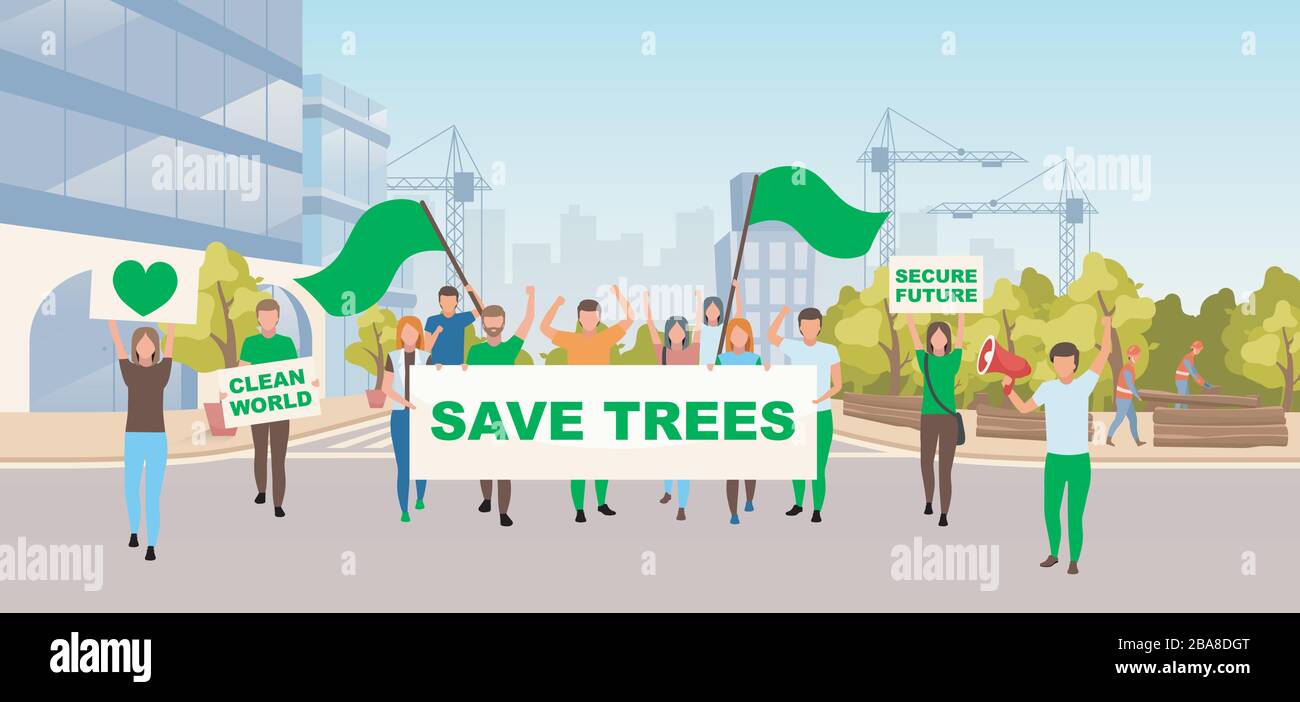 Sauvez les arbres social protestation plate illustration vectorielle. Mouvement écologique, concept d'activisme environnemental. Activistes avec des pancartes sur les protestataires de rue Illustration de Vecteur