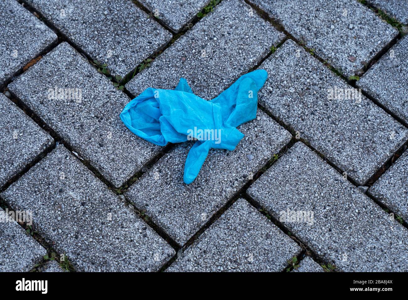 Gants médicaux en latex bleu abandonnés dans la rue (en raison du Coronavirus.) Banque D'Images