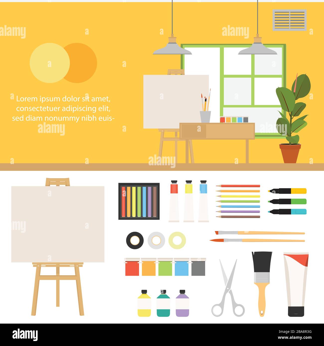 Kit créatif pour l'artiste. Idées, créativité, design. Outils et matériaux : peinture, pinceaux, marqueurs, crayon, ciseaux, chevalet, palette. Vecteur plat Illustration de Vecteur