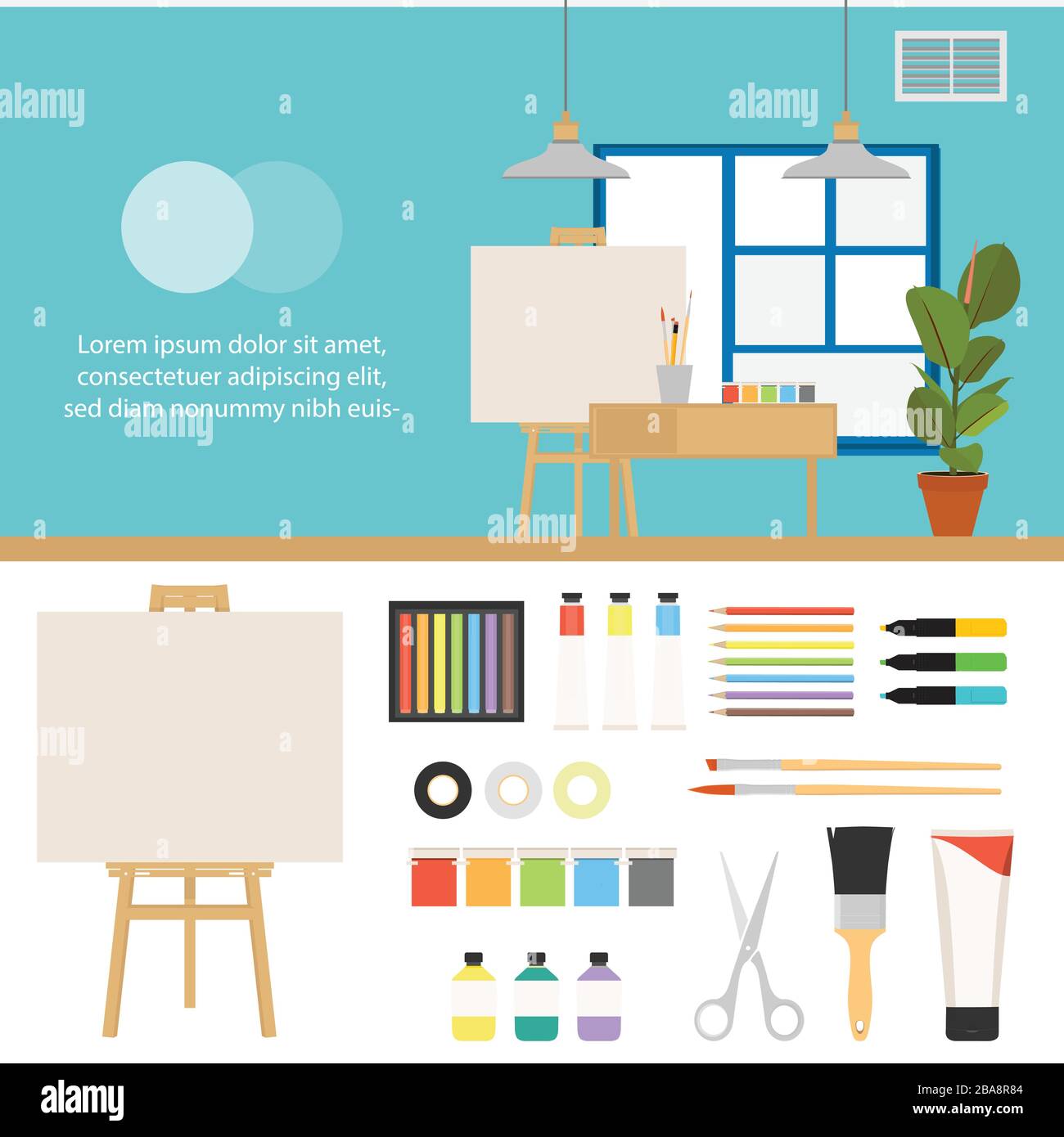 Kit créatif pour l'artiste. Idées, créativité, design. Outils et matériaux : peinture, pinceaux, marqueurs, crayon, ciseaux, chevalet, palette. Vecteur plat Illustration de Vecteur
