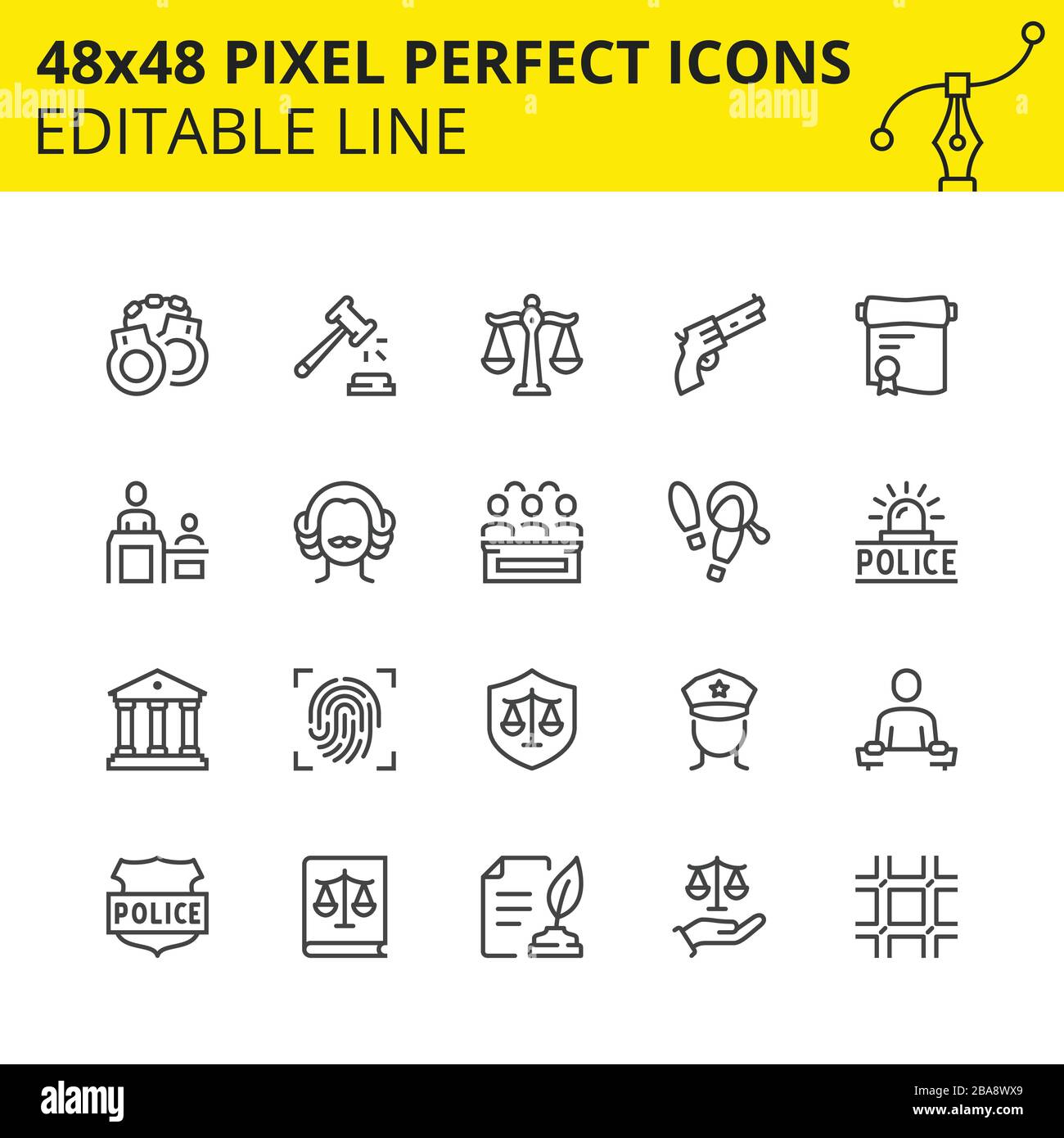 Droit et juge. Comprend police, Cour, prison, justice, etc. Pixel Perfect 48 x 48, ensemble modifiable. Vecteur. Illustration de Vecteur