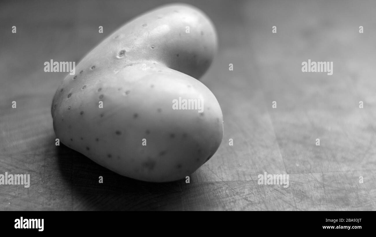 Gros plan isolé d'une pomme de terre brute en forme de coeur unique en noir et blanc Banque D'Images