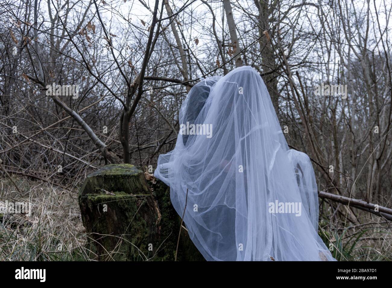 Un concept d'horreur effroyable d'un personnage fantomatique assis sur un journal dans une forêt. Un hiver. Banque D'Images
