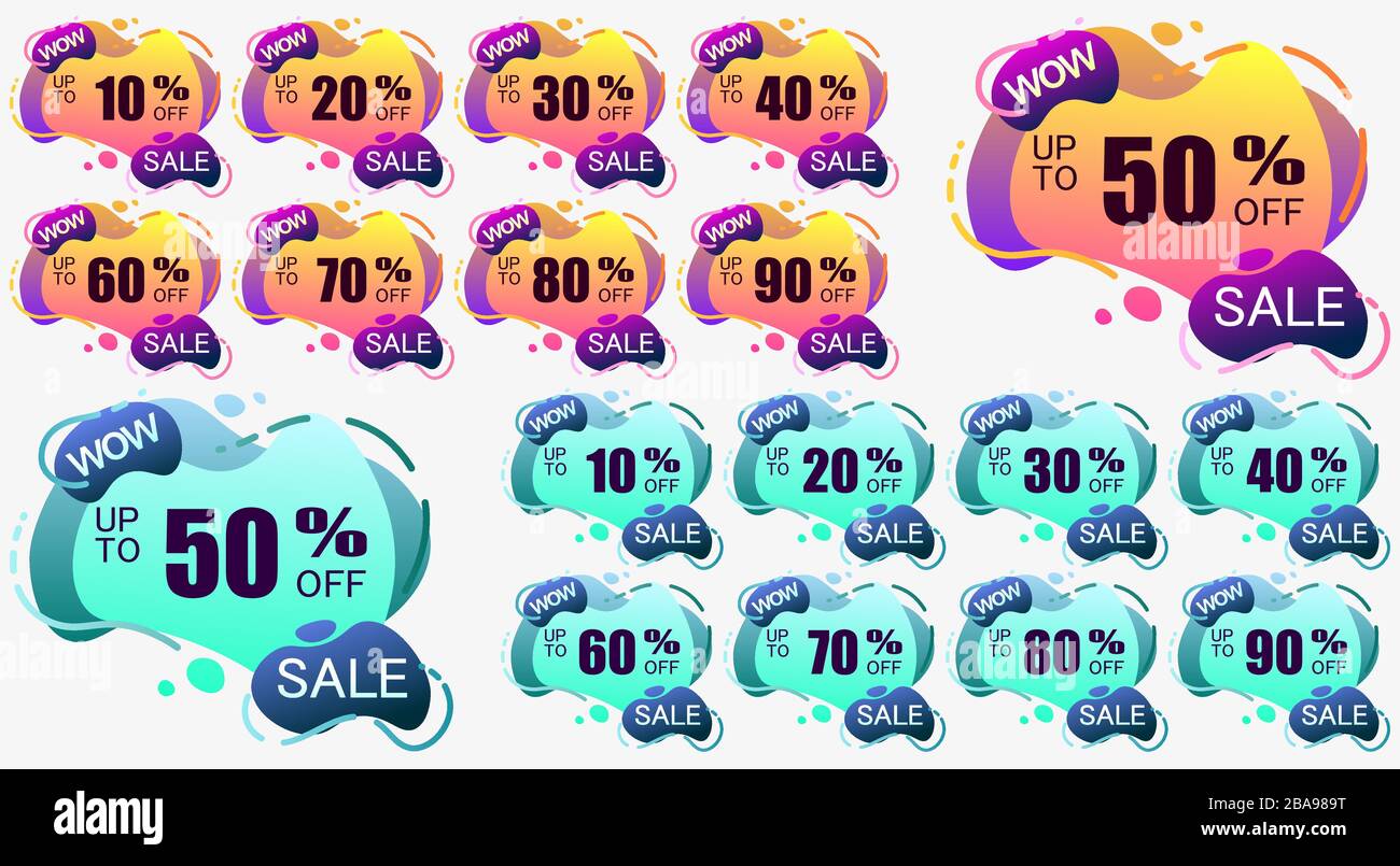 Un ensemble de balises colorées lumineuses avec des réductions. Cyber Lundi, vendredi noir, été, printemps et hiver ventes. Illustration vectorielle en orange, violet et bl Illustration de Vecteur