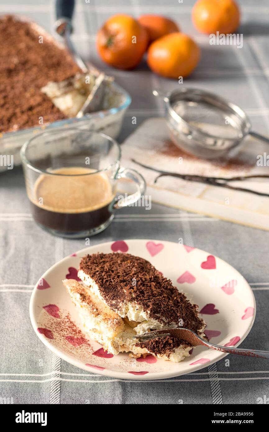 Gâteau italien traditionnel tiramisu aromatisé au café, à la vanille et recouvert de chocolat et de poudre de cacao Banque D'Images