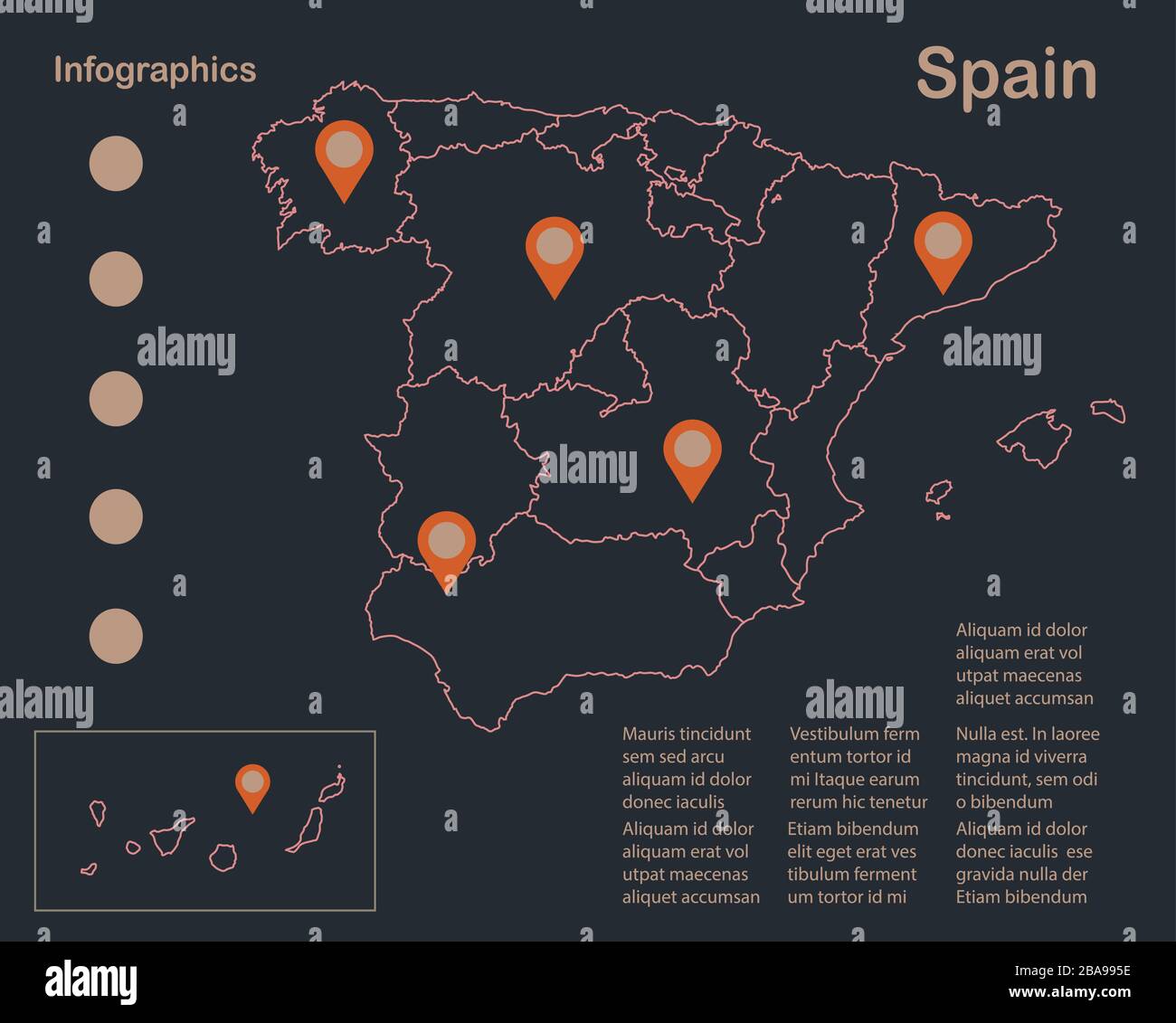 Infographies Spain map Outline, Flat design, couleur bleu orange vectoriel Illustration de Vecteur