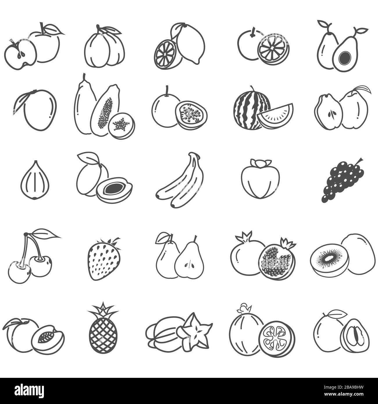 25 icônes de fruits exotiques et de baies. Illustration vectorielle Apple, prune, citron, orange, avocat, mangue, papaye, fruit de la passion, pastèque, coing, Fig. A Illustration de Vecteur