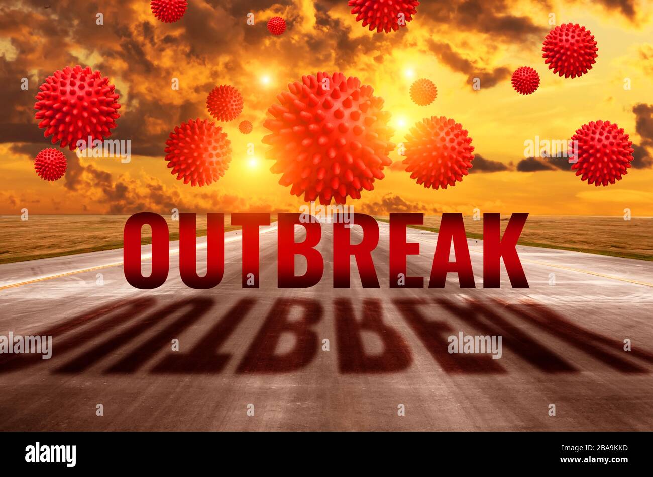 Concept de pandémie humaine de maladie mondiale, l'inscription éclosion de Covid 19, quarantaine au coucher du soleil. Contexte contre le coronavirus SRAS-CoV-2 infecti Banque D'Images