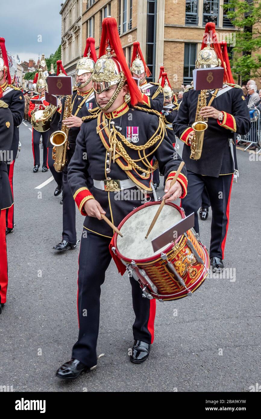 Batteur latéral du groupe Household Cavalry lors du défilé d'adieu de la Cavalerie de la maison à Windsor à travers Windsor, Berkshire, Royaume-Uni - 18 mai 2019 Banque D'Images