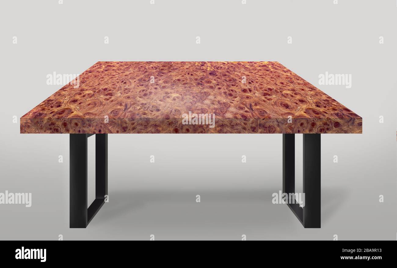 Style moderne de la table fait d'Afzelia bois burl jambes rayées en acier sur fond gris Banque D'Images