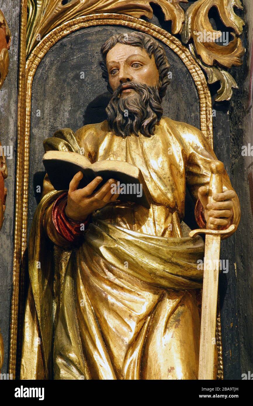 Saint Paul, statue sur l'autel quatorze saints hélices dans l'église de Sainte-Barbara à Vrapče, Zagreb, Croatie Banque D'Images