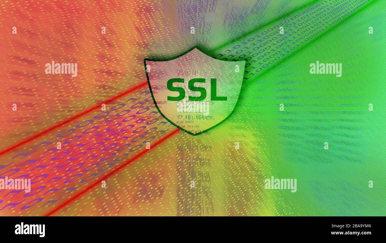 Concept d'un écran de connexion sécurisé avec l'icône Shield et les lettres SSL. Magnifique arrière-plan numérique rouge et vert. Horizontal. Banque D'Images