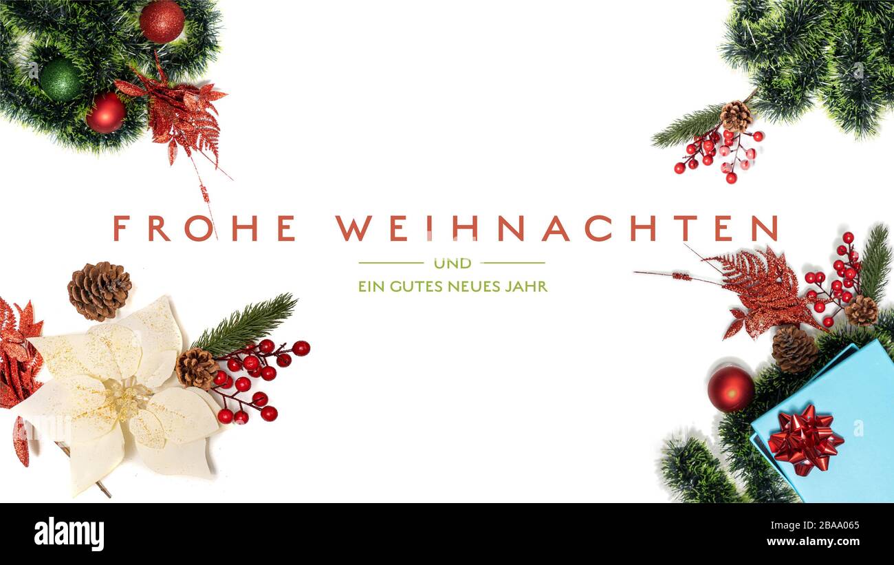 « Frohe Weihnachten und ein goutes neues Jahr » t.i. Joyeux Noël et bonne année en langue allemande sur fond clair avec décoration sociale m Banque D'Images