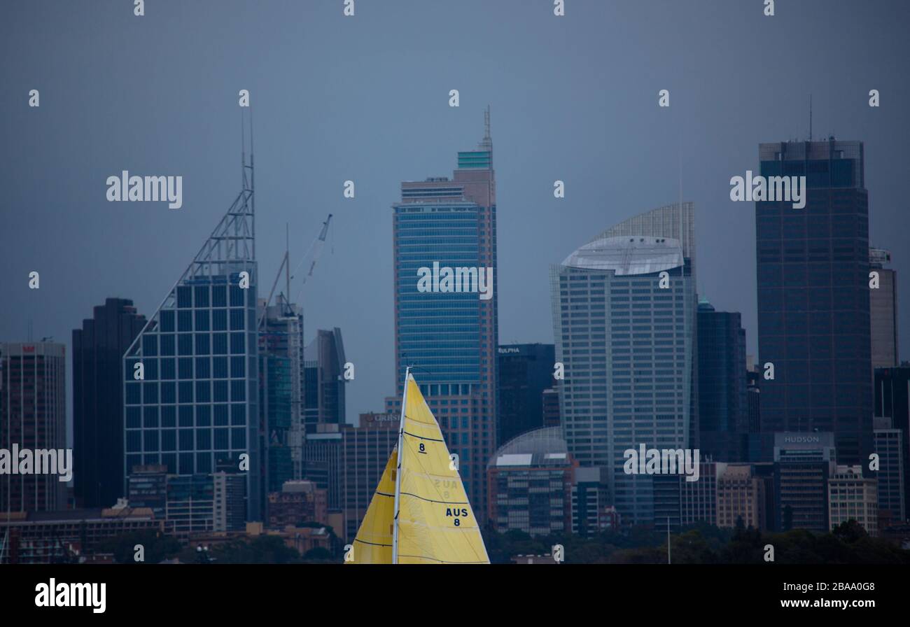 Une seule voile traverse le quartier des affaires de Sydney, en Australie Banque D'Images