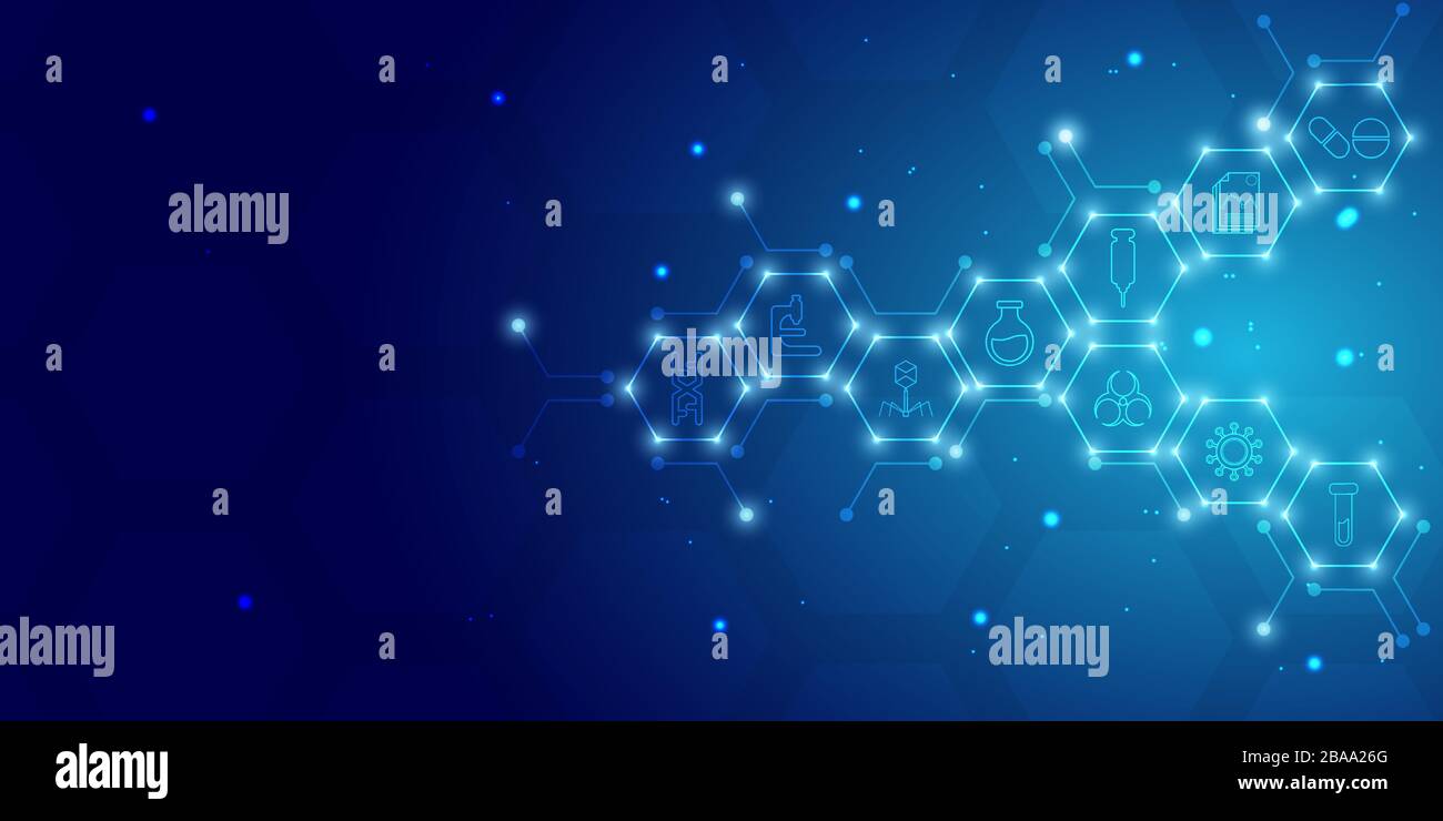 Fond bleu à gradient radial avec icône brillante de science et de contour médical et effet brillant. Illustration de Vecteur