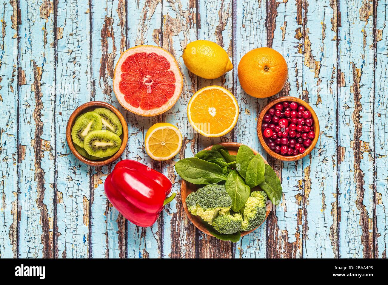 Aliments qui stimulent le système immunitaire, vue de dessus. Banque D'Images