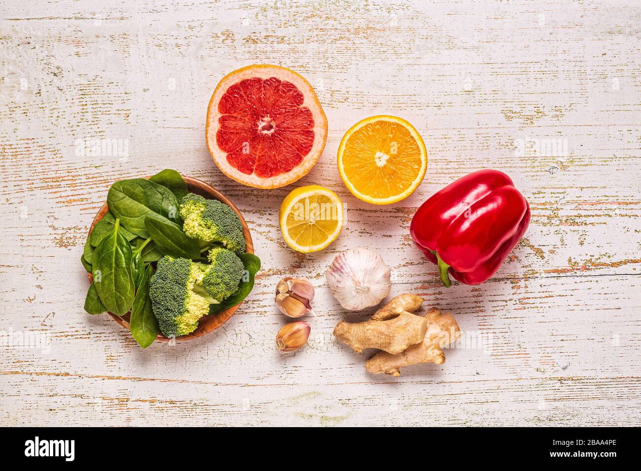 Aliments qui stimulent le système immunitaire, vue de dessus. Banque D'Images