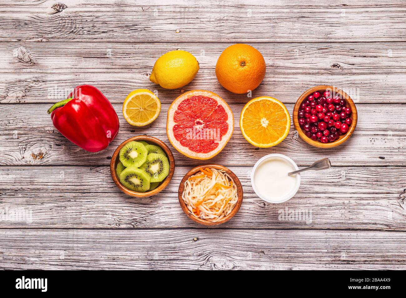 Aliments qui stimulent le système immunitaire, vue de dessus. Banque D'Images