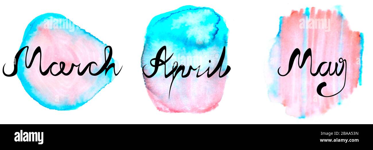 Temps de printemps. Mars, avril et mai. Illustration d'aquarelle pour un calendrier. Lettrage, calligraphie. Banque D'Images