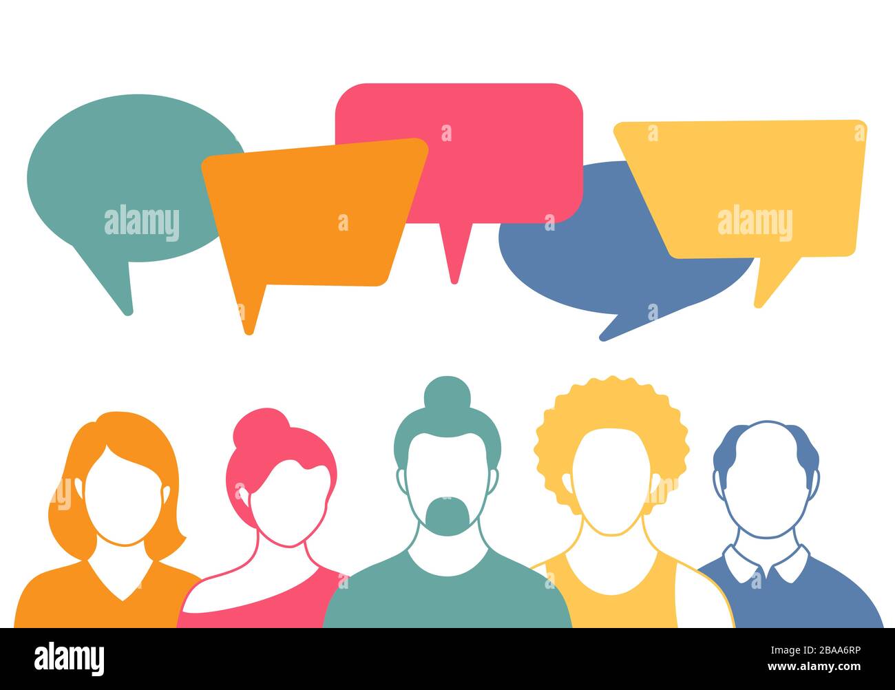 Les gens avatars avec des bulles de spaces. Communication entre hommes et femmes, lacustre de discussion. Collègues, équipe, réflexion, question, idée, réfléchir au concept. Illustration de Vecteur