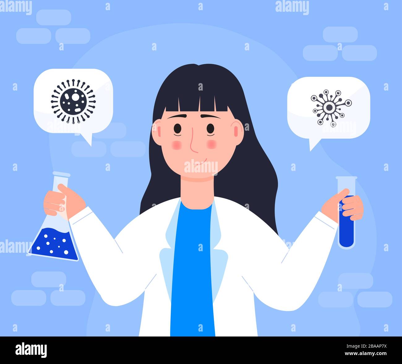 Femme scientifique en laboratoire. Fille en manteau blanc, chercheur chimique tient tube. Vecteur de concept virologue. Le microbiologiste crée un vaccin dans Illustration de Vecteur