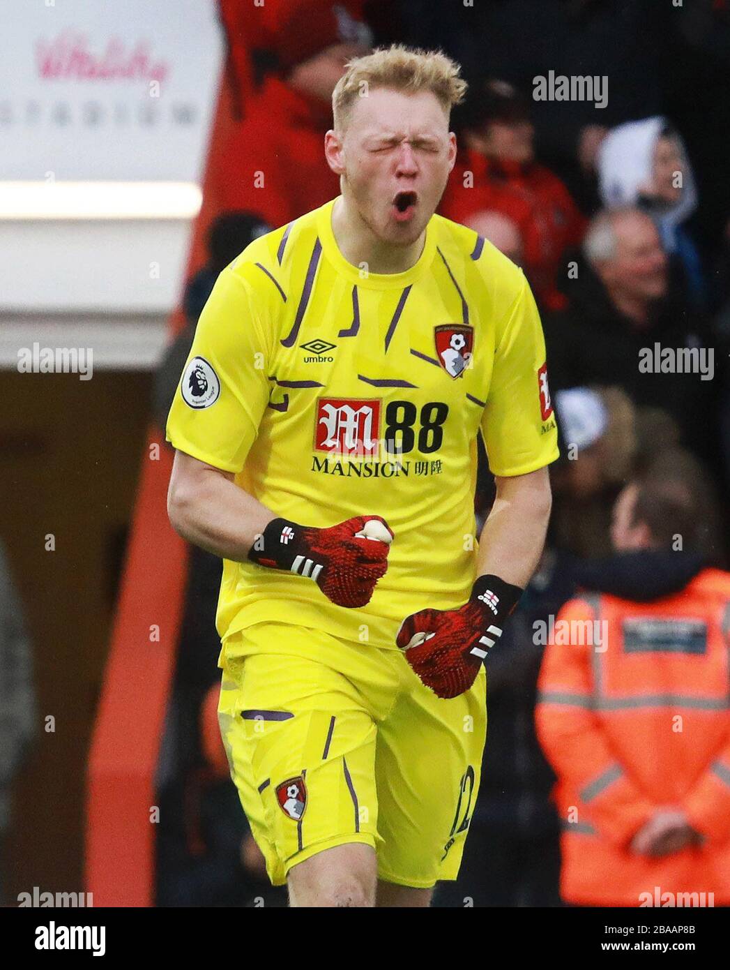 Le gardien de but d'AFC Bournemouth, Aaron Ramsdale, célèbre après que Joshua King (non photographié) d'AFC Bournemouth, a obtenu le deuxième but de son côté Banque D'Images