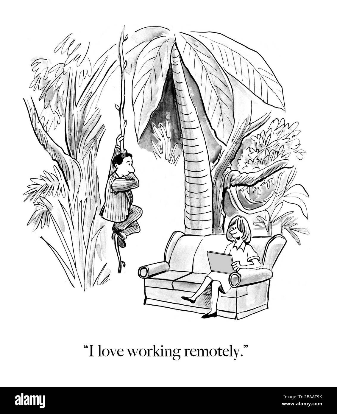 Dessin animé montrant un mari et une femme vivant dans une jungle, qui aiment travailler à distance. Banque D'Images