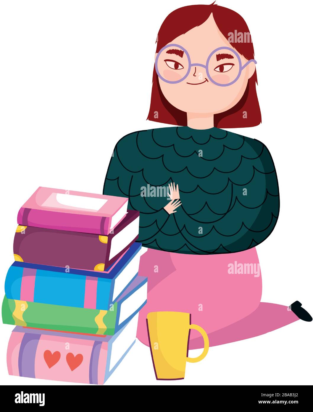 jeune femme à genoux avec livres et illustration vectorielle de tasse de café, livre jour Illustration de Vecteur