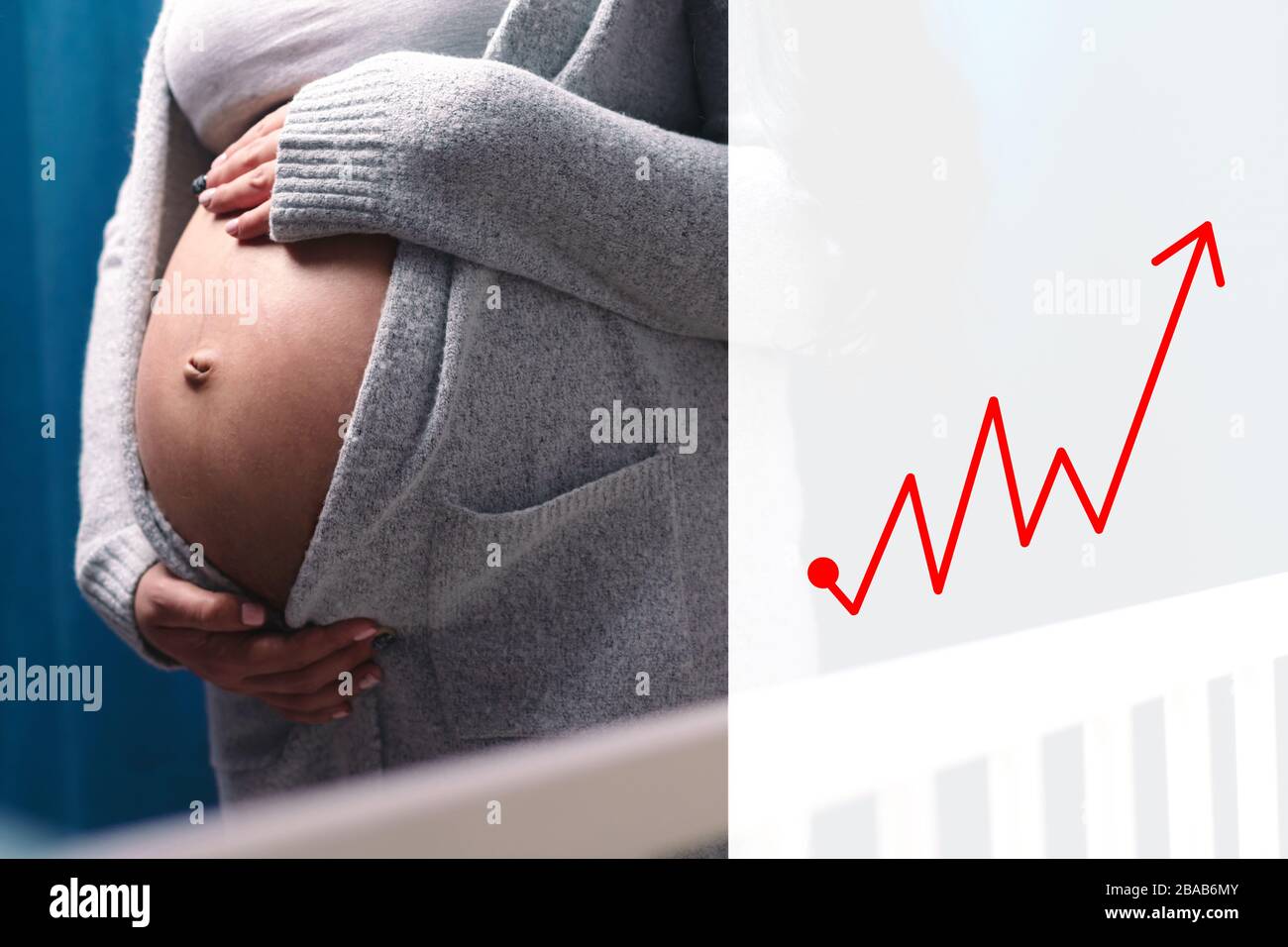 Femme enceinte et graphique vers le haut, augmentation du concept d'accouchement Banque D'Images