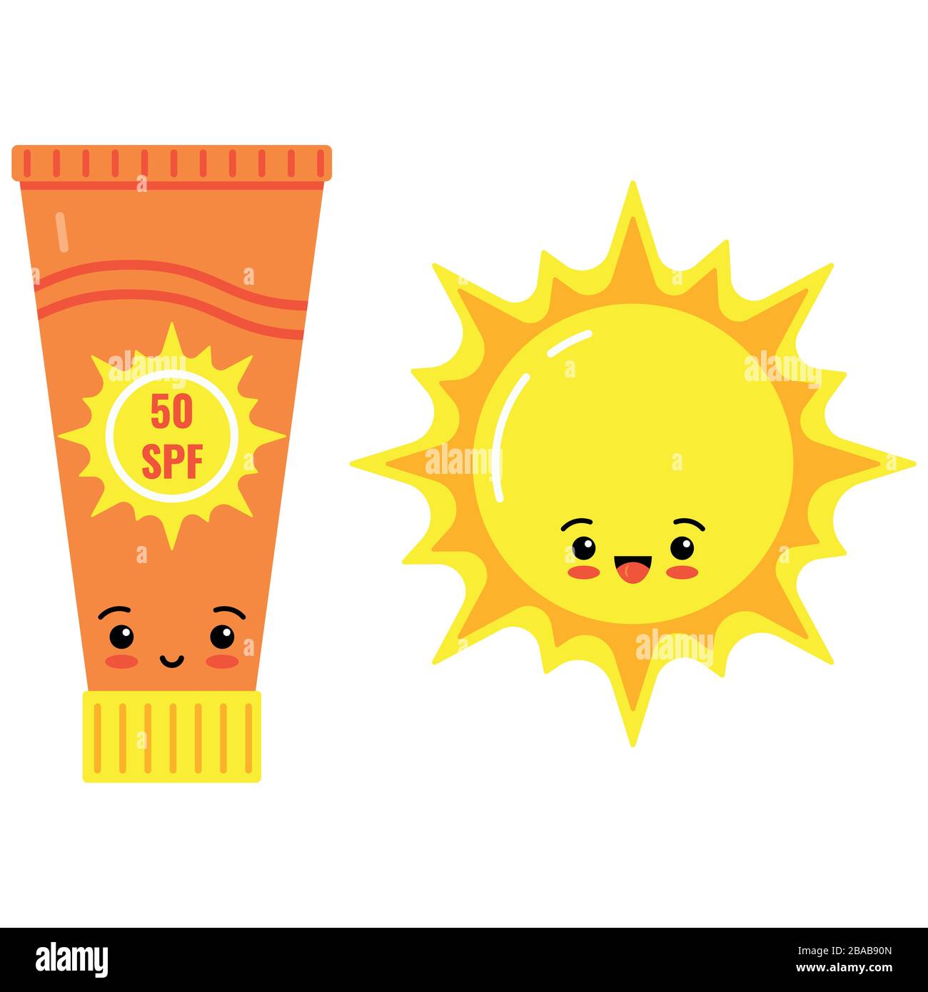 Bouteille de crème solaire Emoji et icône vecteur de soleil mignonne isolée sur fond blanc. Illustration de Vecteur