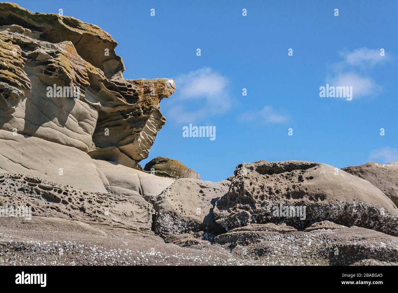 En regardant le sommet d'un récif de grès brun, très texturé et érodé, montant au premier plan, avec un ciel bleu vif derrière lui. Banque D'Images