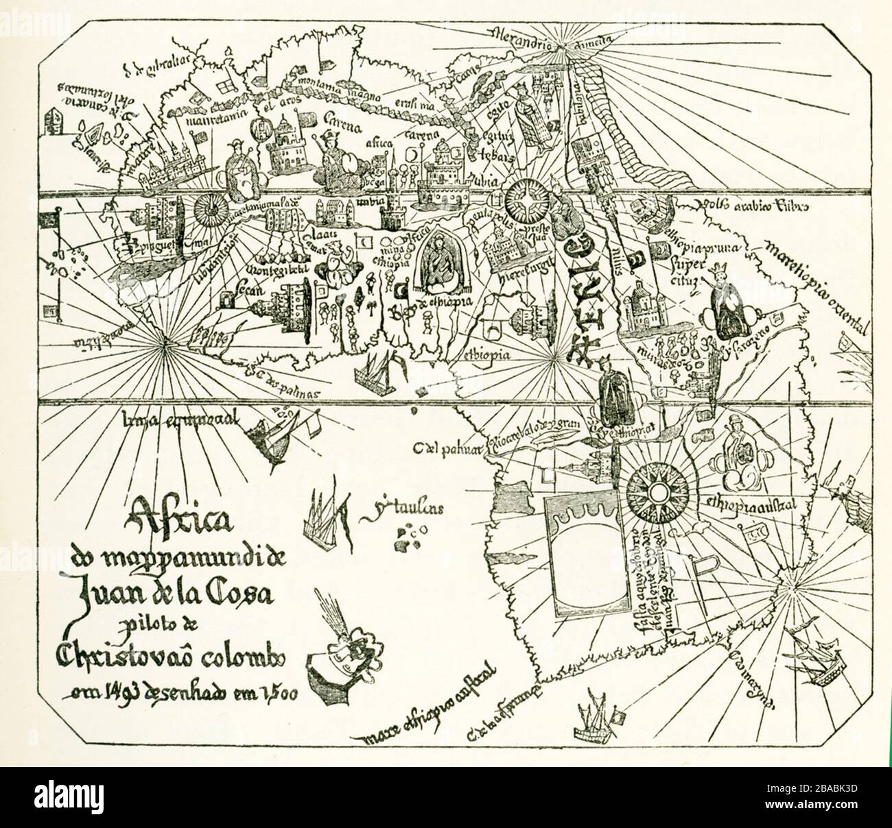 Nous avons montré ici comment l’Afrique était censée être façonnée après les expéditions de Vasco Da Gama. Cette carte est une section de la carte de Juan de la Cosa en 1500. Juan de la Cosa était un navigateur castillan et cartographe, connu pour la conception de la première carte du monde européen qui a incorporé les territoires des Amériques qui ont été découverts au XVe siècle. Vasco da Gama était un explorateur portugais et le premier européen à atteindre l'Inde par la mer. Son premier voyage en Inde a été le premier à relier l'Europe et l'Asie par une route maritime, reliant l'Atlantique et les océans indiens et donc l'Ouest et l'Orie Banque D'Images