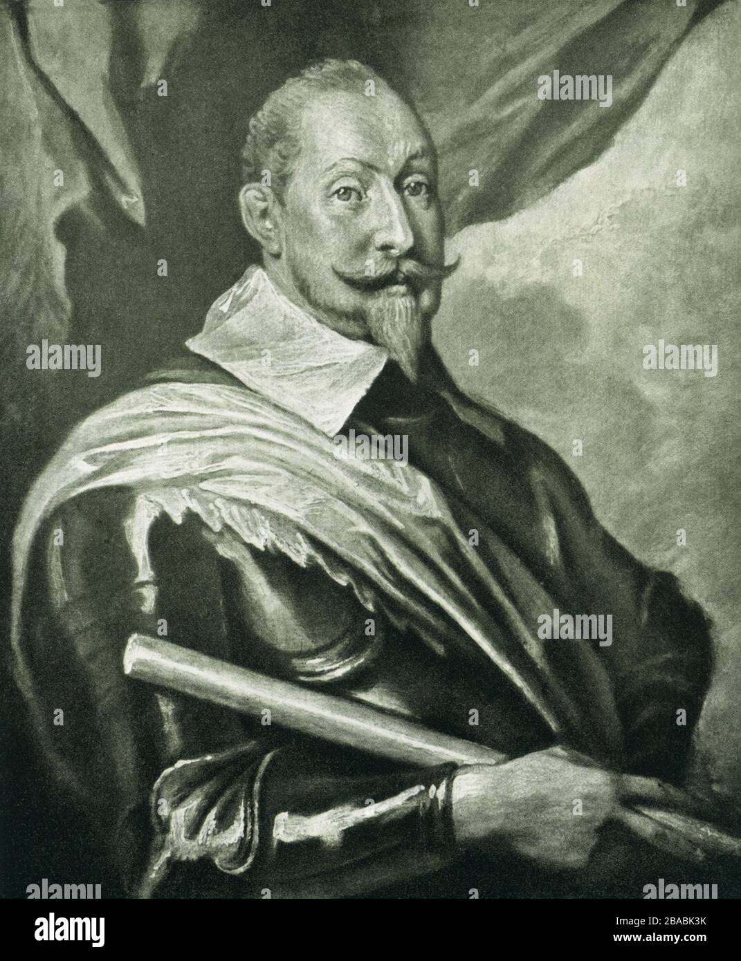Cette image montre le roi de Suède Gustav Adolf. Le portrait est une image en noir et blanc de la peinture en couleur de la Royal Art Gallery de Munich par Anthony van Dyck (mort en 1641), un artiste baroque flamand qui est devenu le peintre de cour en Angleterre après le succès dans le sud des Pays-Bas et en Italie. Gustavus Adolphus, également appelé Gustav II Adolf, est crédité de jeter les bases de l'État suédois moderne et de le faire une grande puissance européenne. Banque D'Images
