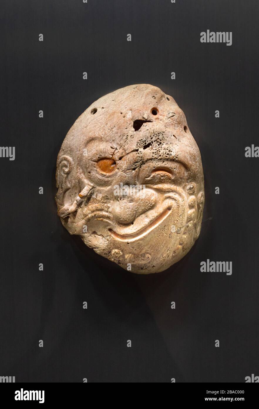 Maya face, sculpture anthropomorphique sur une coquille de conch exposée au Gran Museo Maya à Merida, Yucatan, Mexique. Banque D'Images