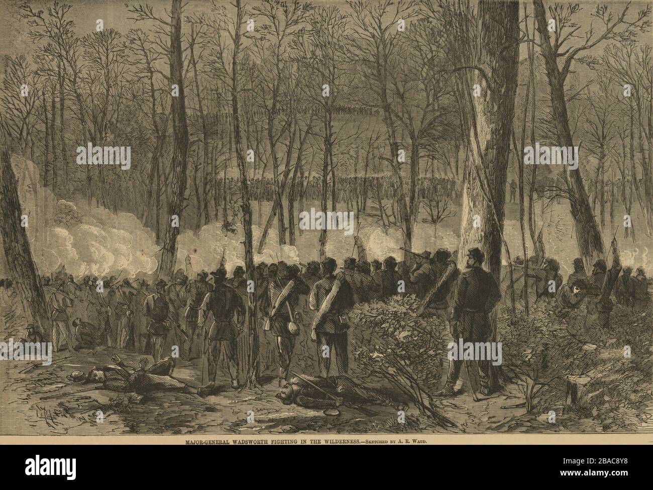 Guerre civile DES ÉTATS-UNIS. La campagne Overland, The Wilderness, du 5 au 7 mai 1864. La division syndicale dirigée par le major-général Wadsworth lutte dans les bois denses le 6 mai. Deux autres lignes de soldats se trouvent au milieu et à distance. Le cricket et la fumée de combat, la vision obscurcie, rendant difficile le choix des cibles ou voir le progrès de la bataille (BSLOC_2018_9_112) Banque D'Images