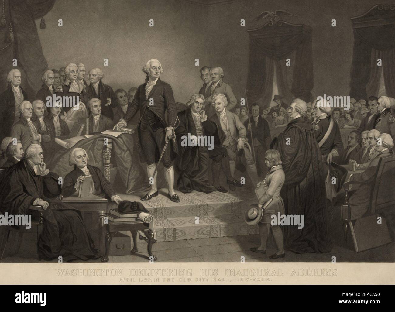 George Washington prononcé son discours inaugural au Congrès, avril 1789. La scène montre quelques femmes présentes. Gravure Mezzotint après peinture par H.S. Sadd, publié en 1849 (BSLOC_2019_4_191) Banque D'Images